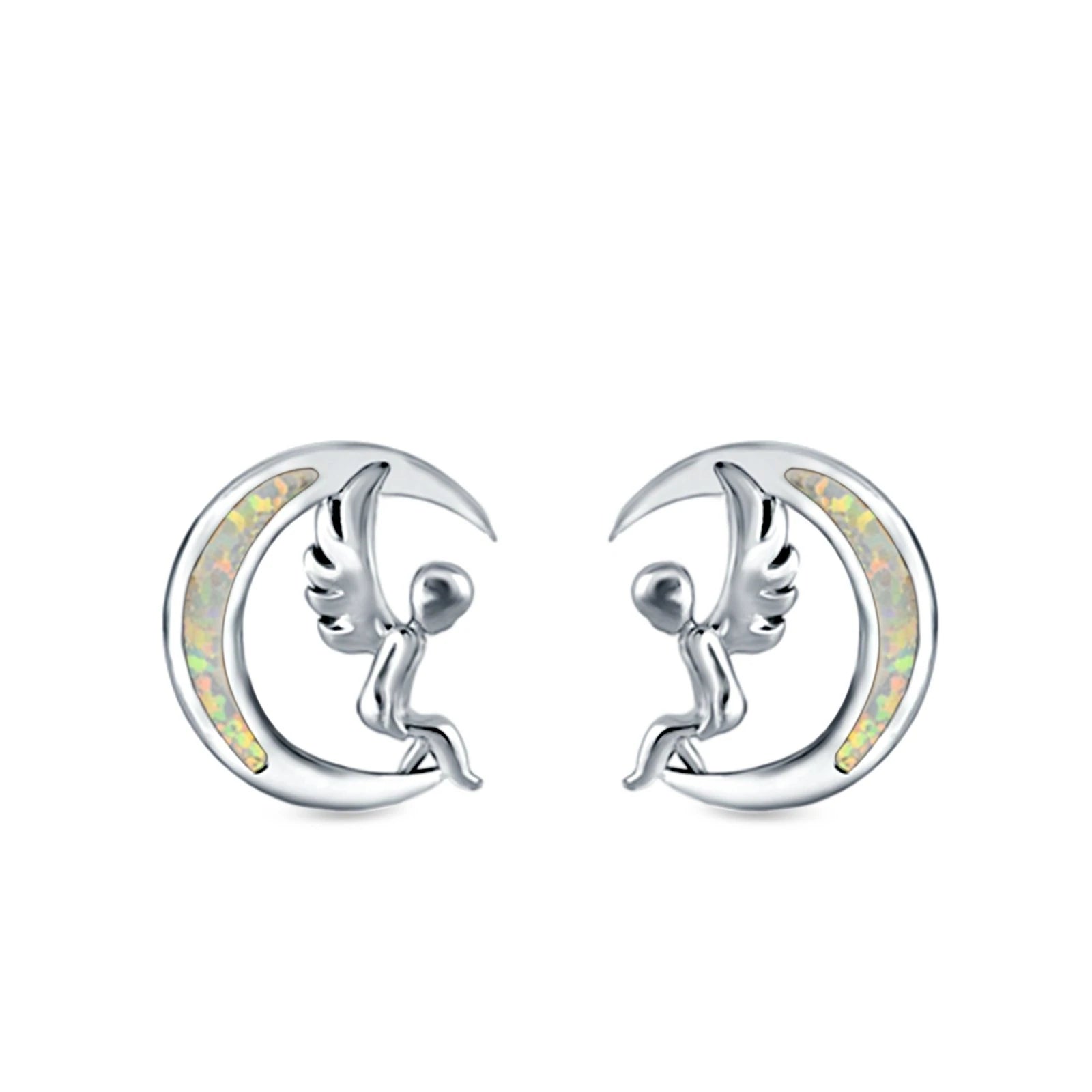 Sterling Silver Moon & Angel White Opal Stud Earrings - Melchior Jewellery