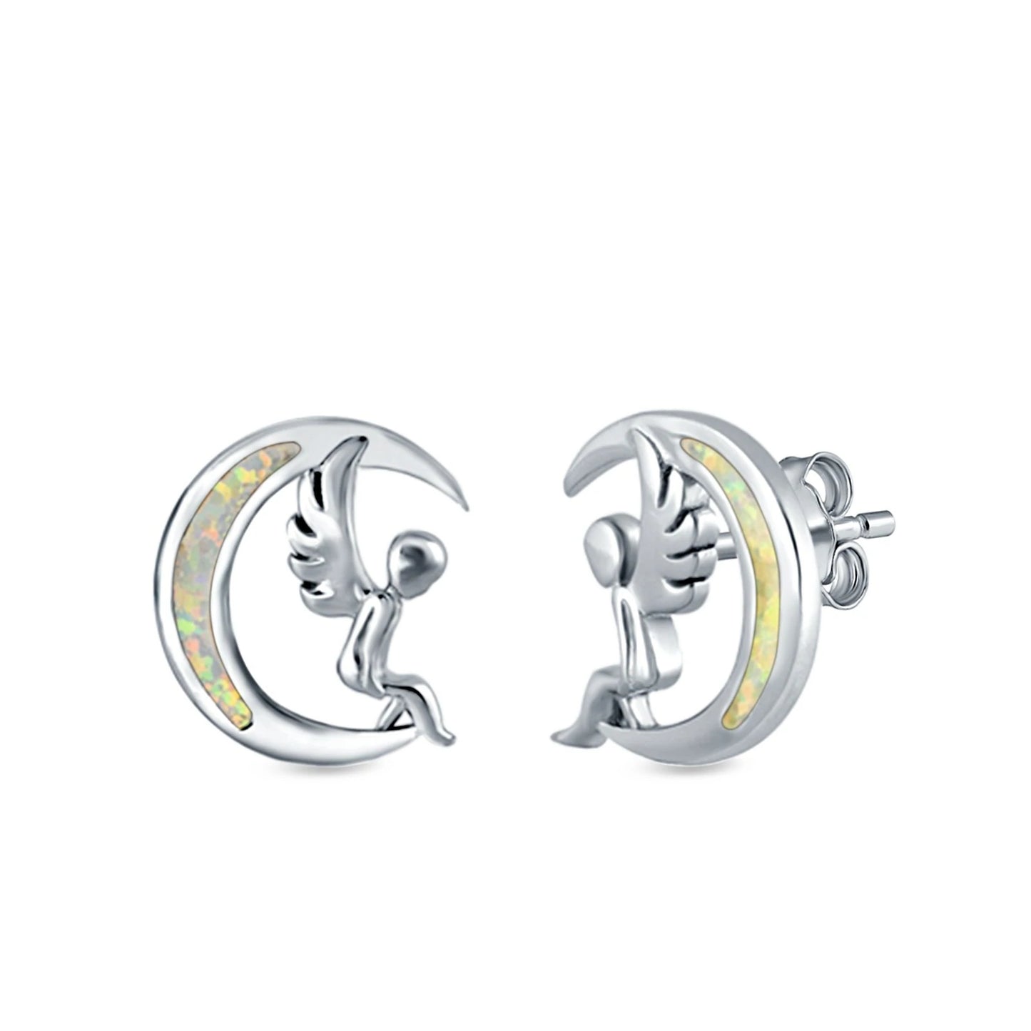 Sterling Silver Moon & Angel White Opal Stud Earrings - Melchior Jewellery