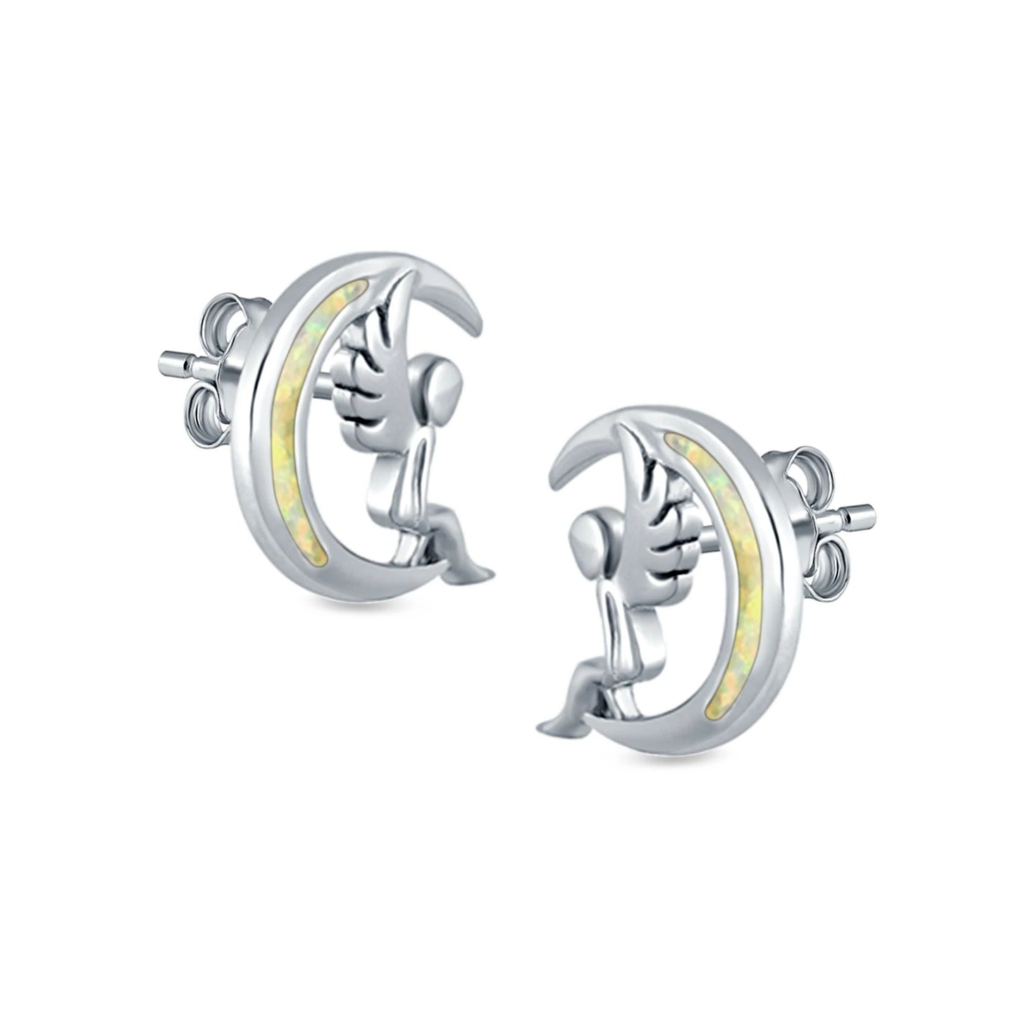 Sterling Silver Moon & Angel White Opal Stud Earrings - Melchior Jewellery