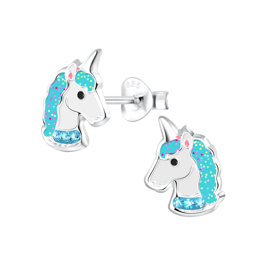 Children's Sterling Silver Blue Unicorn Stud Earrings - Melchior Jewellery