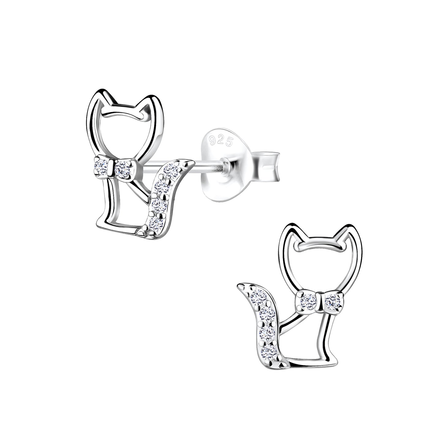 Sterling Silver CZ Cat Stud Earrings