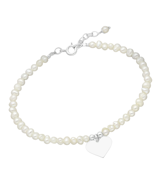 Sterling Silver White Freshwater Pearl Adjustable Bracelet With Heart Charm - Melchior Jewellery