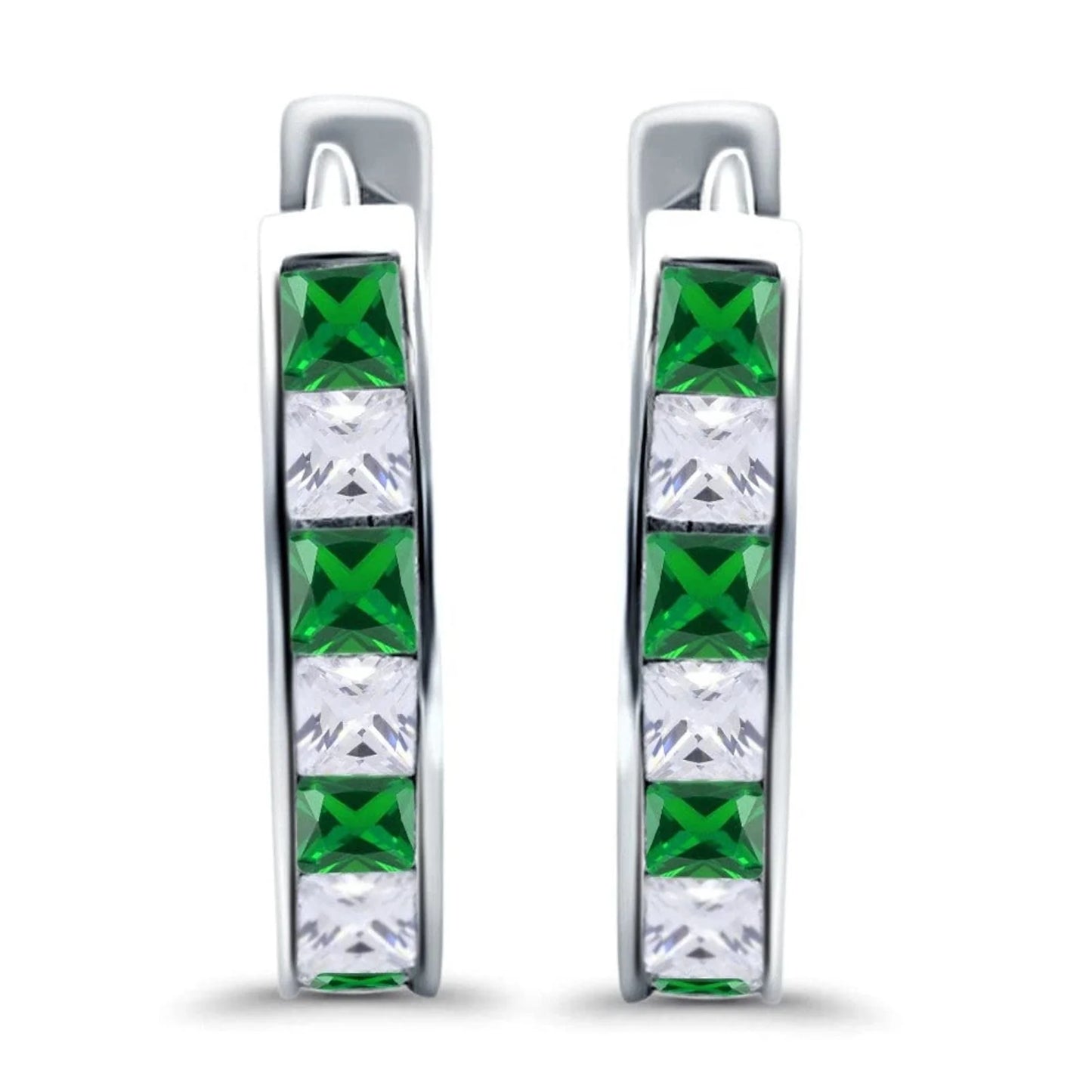 Sterling Silver Princess Cut Half Eternity Emerald Hoop Earrings