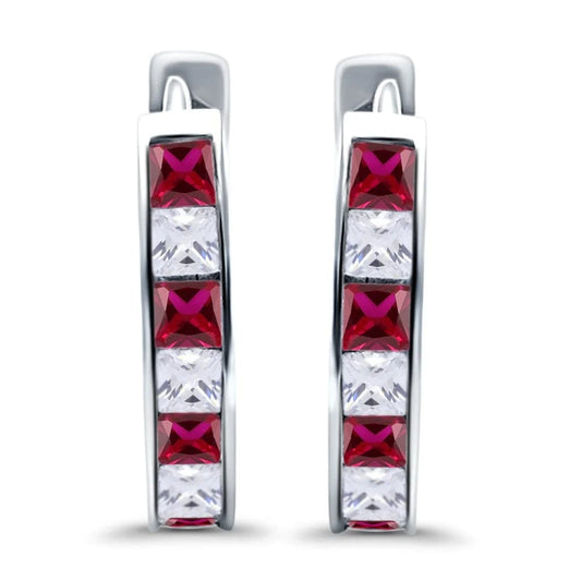 Sterling Silver Princess Cut Half Hoop CZ Ruby Earrings - Melchior Jewellery