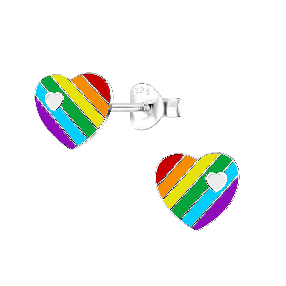 Children's Sterling Silver Rainbow Striped Heart Stud Earrings