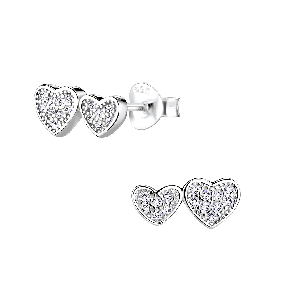 Sterling Silver Cubic Zirconia Double Heart Stud Earrings