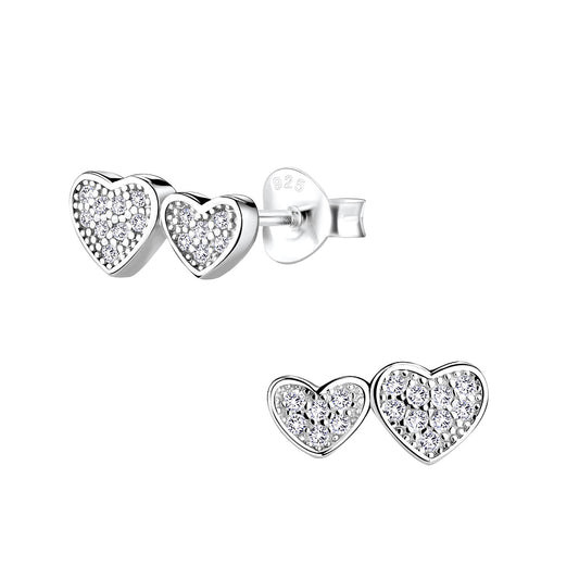 Sterling Silver Cubic Zirconia Double Heart Stud Earrings - Melchior Jewellery