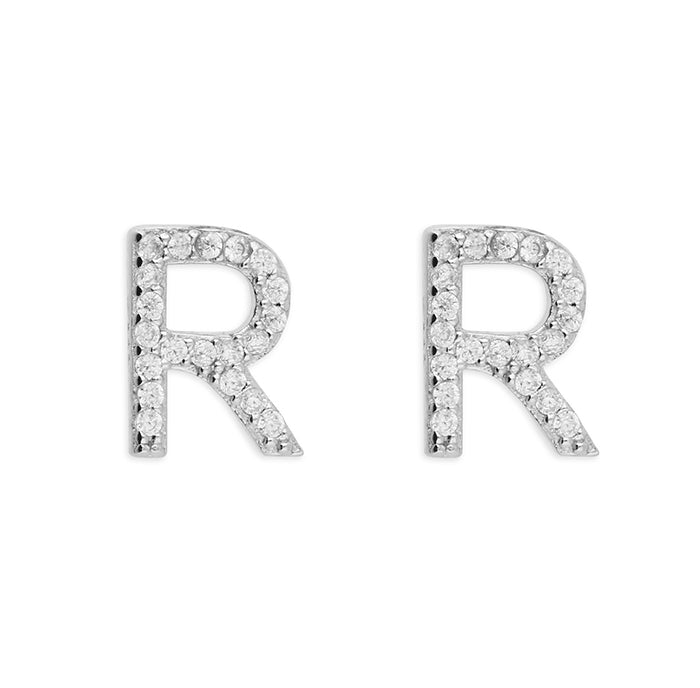 Sterling Silver Cubic Zirconia Alphabet Letter R Stud Earrings - Melchior Jewellery