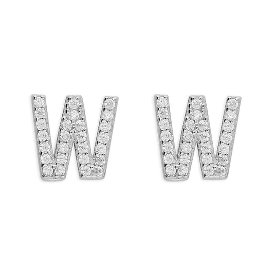Sterling Silver Cubic Zirconia Alphabet Letter W Stud Earrings - Melchior Jewellery