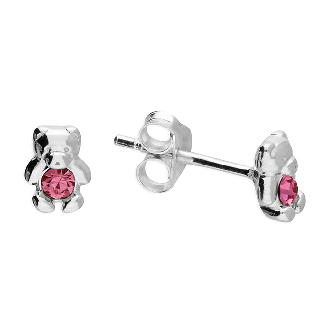 Children's Sterling Silver Teddy Bear October Birthstone Stud Earrings