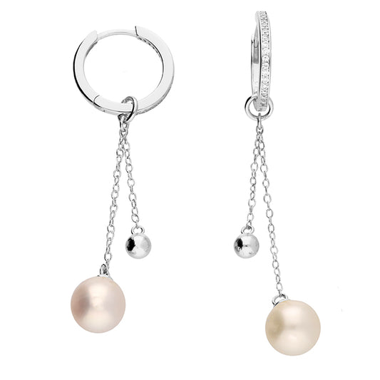Sterling Silver CZ & Pearl Chain Hoop Drop Earrings - Melchior Jewellery