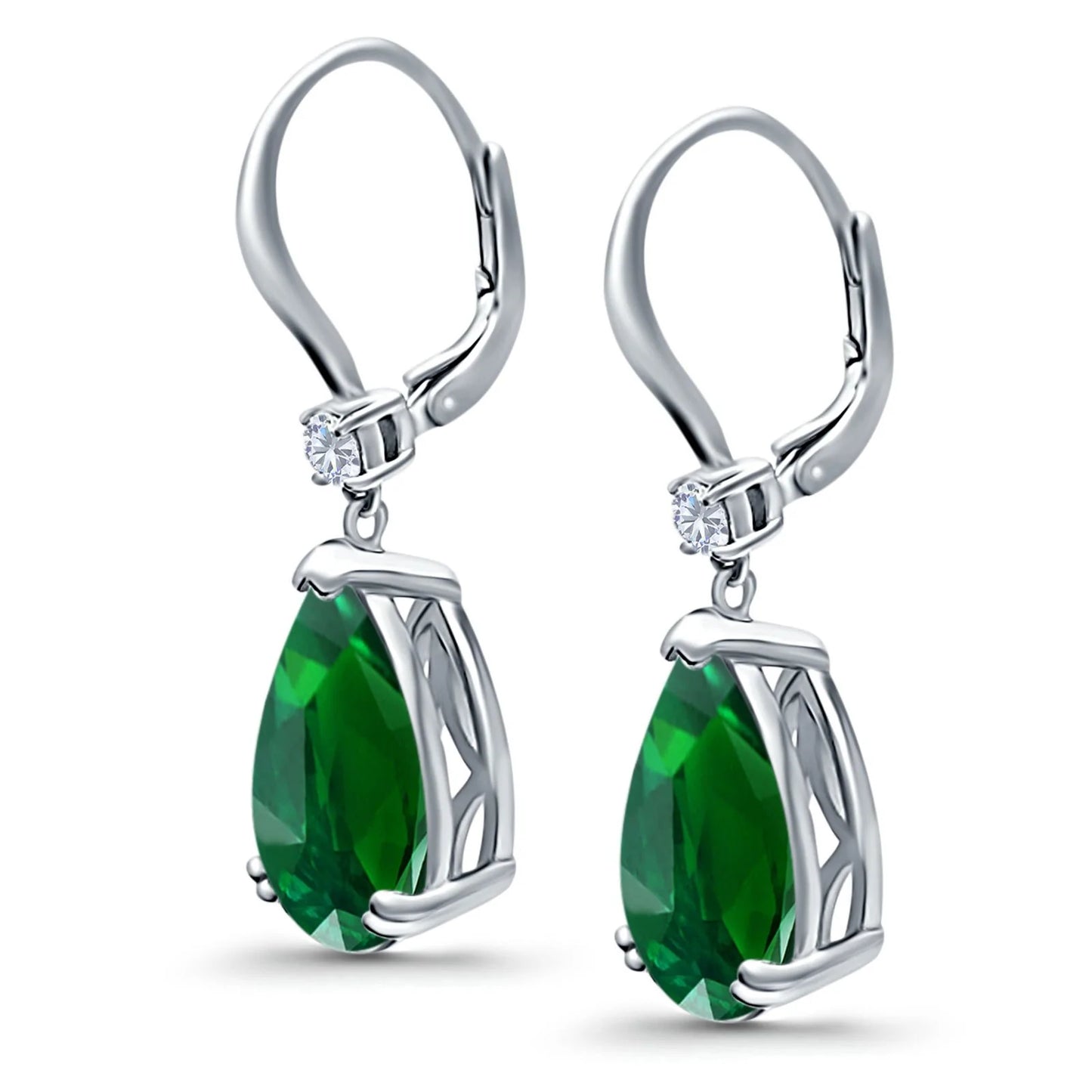 Sterling Silver CZ Emerald Pear Shaped Drop Earrings