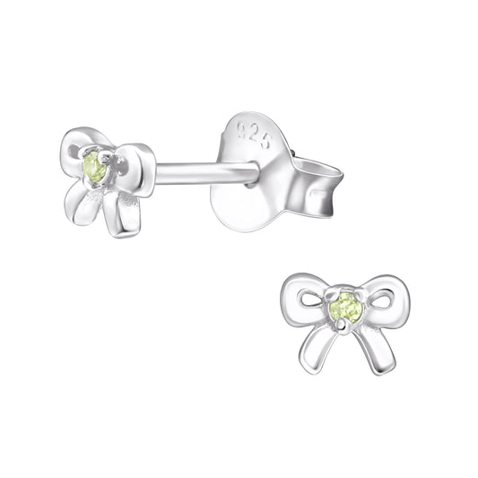 Children's Sterling Silver Tiny Bow August Birthstone Stud Earrings - Melchior Jewellery