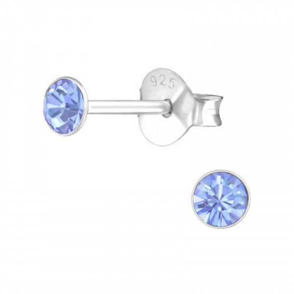 Sterling Silver Crystal 3mm Round Stud Earrings - Choose Your Colour