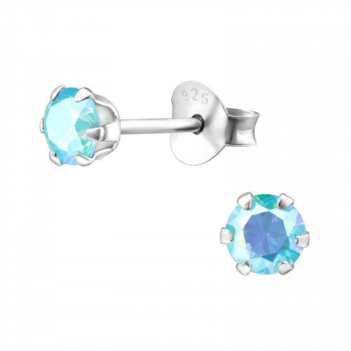 Sterling Silver Small 4mm Round AB Aqua Stud Earrings - Melchior Jewellery