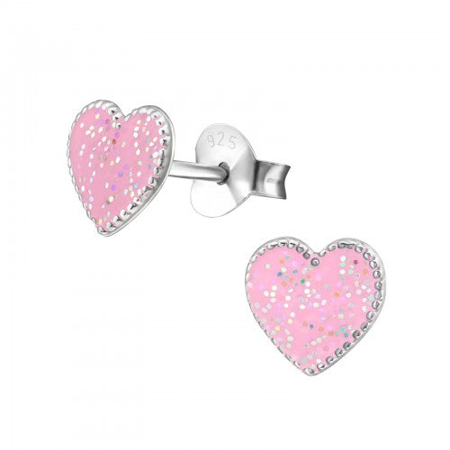 Children's Sterling Silver Pink Glitter Heart Stud Earrings