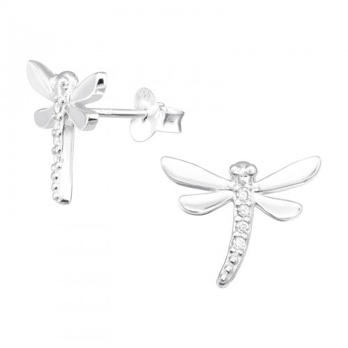 Silver Dragonfly Stud Earrings With Cubic Zirconia Stones