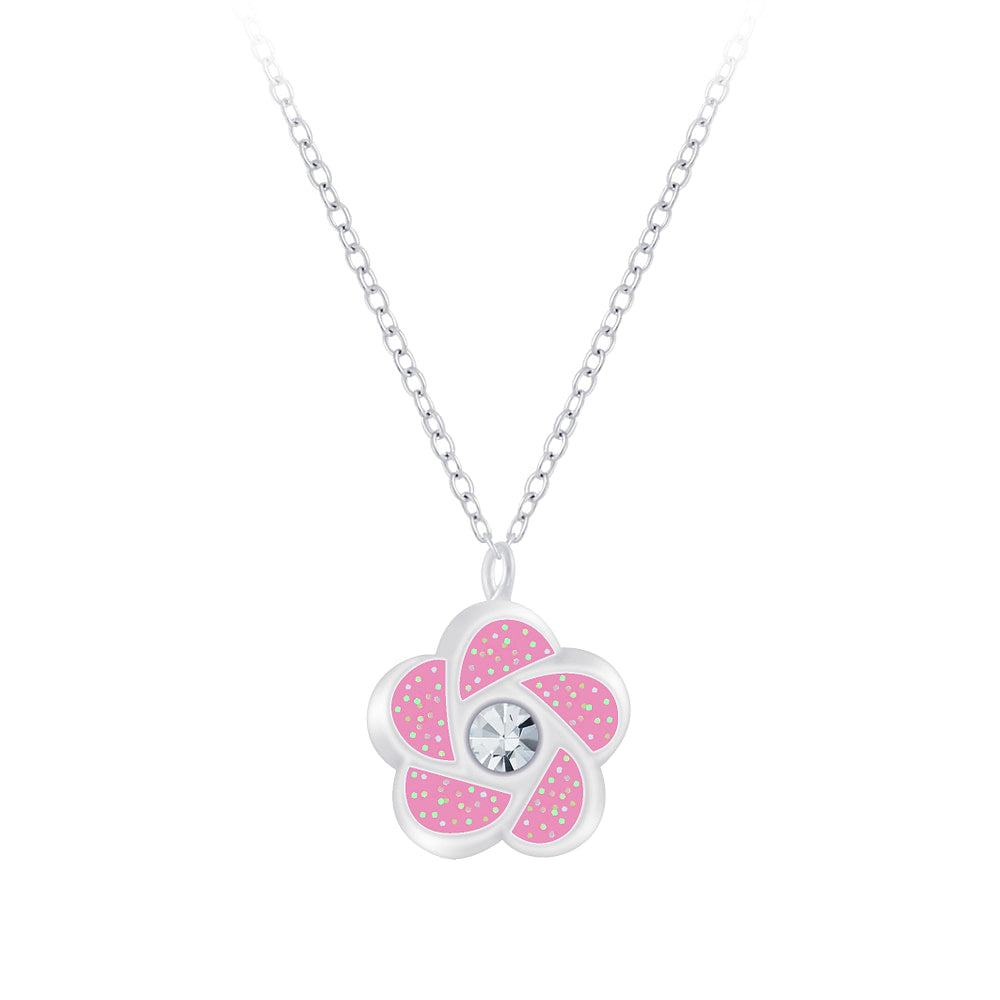 Children's Sterling Silver Sparkly Pink Flower Necklace - Melchior Jewellery