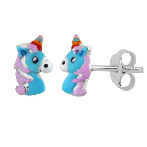 Children's Sterling Silver Blue Unicorn Stud Earrings - Melchior Jewellery