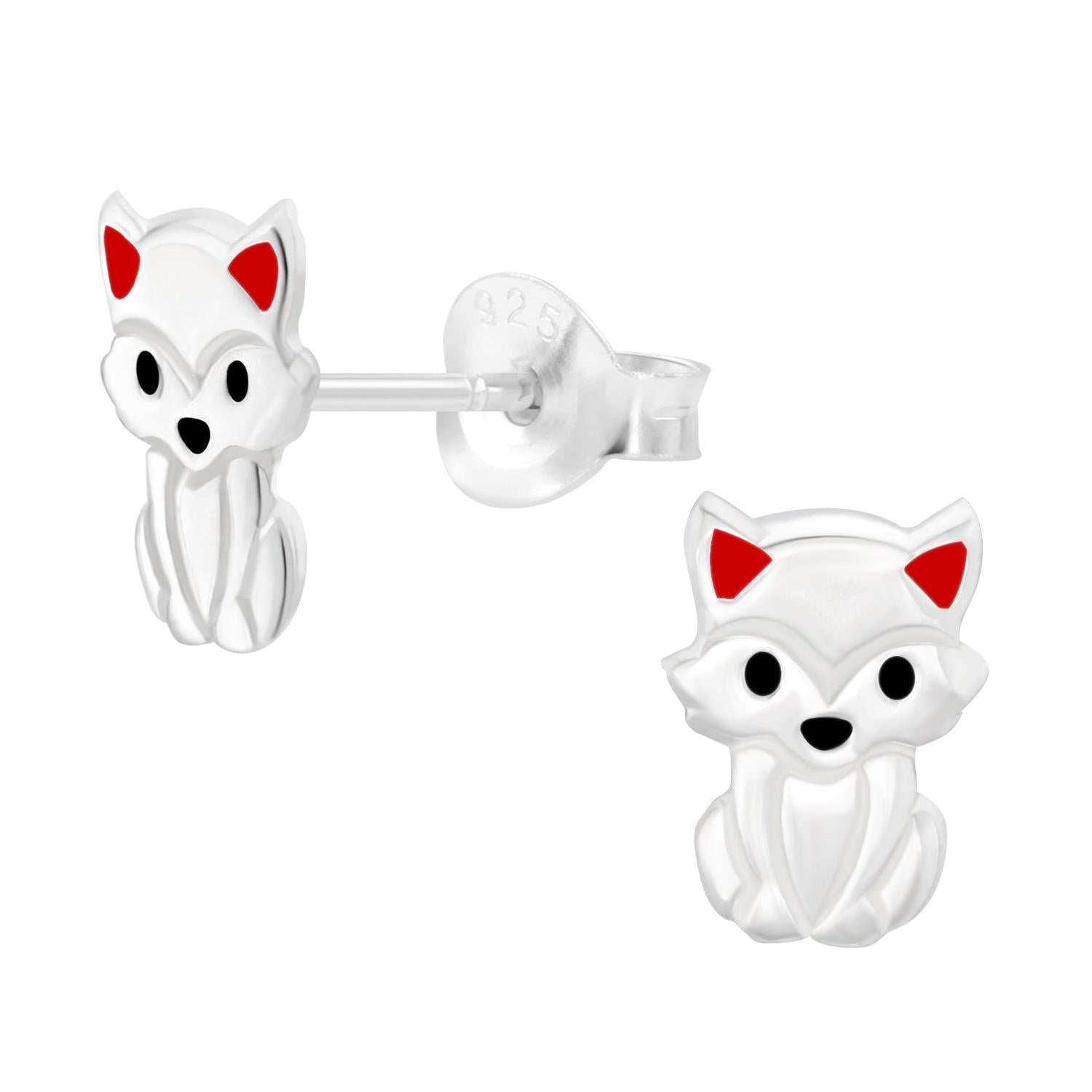 Melchior Jewellery childrens cat stud earrings in silver with red ears and black eyes and nose details