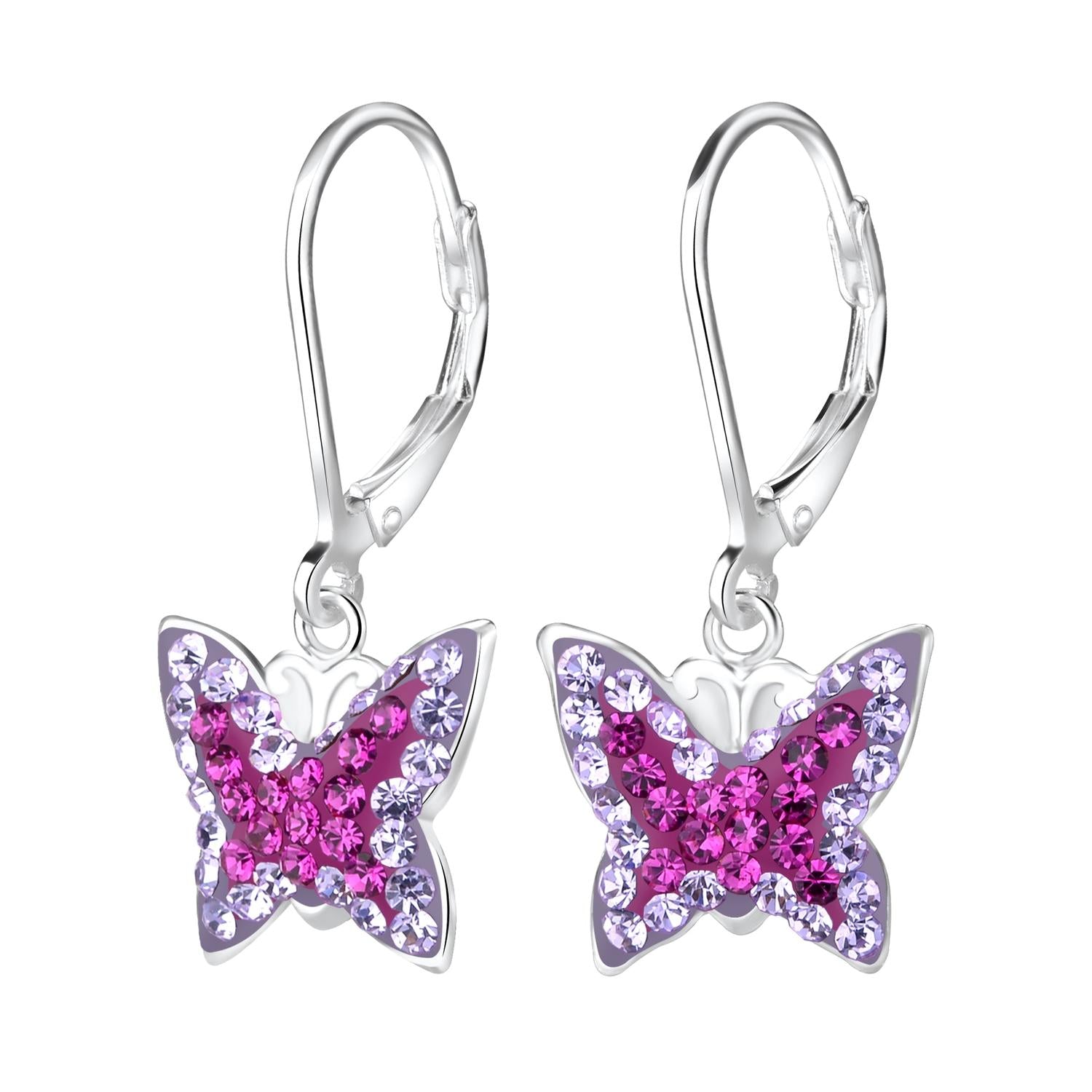 Melchior Jewellery girls silver butterfly leverback earrings with pink and purple crystals for children