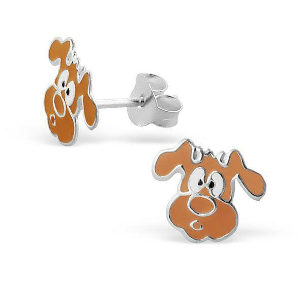 Melchior Jewellery brown dog stud earrings for kids featuring cute cartoon dog faces in silver and brown enamel