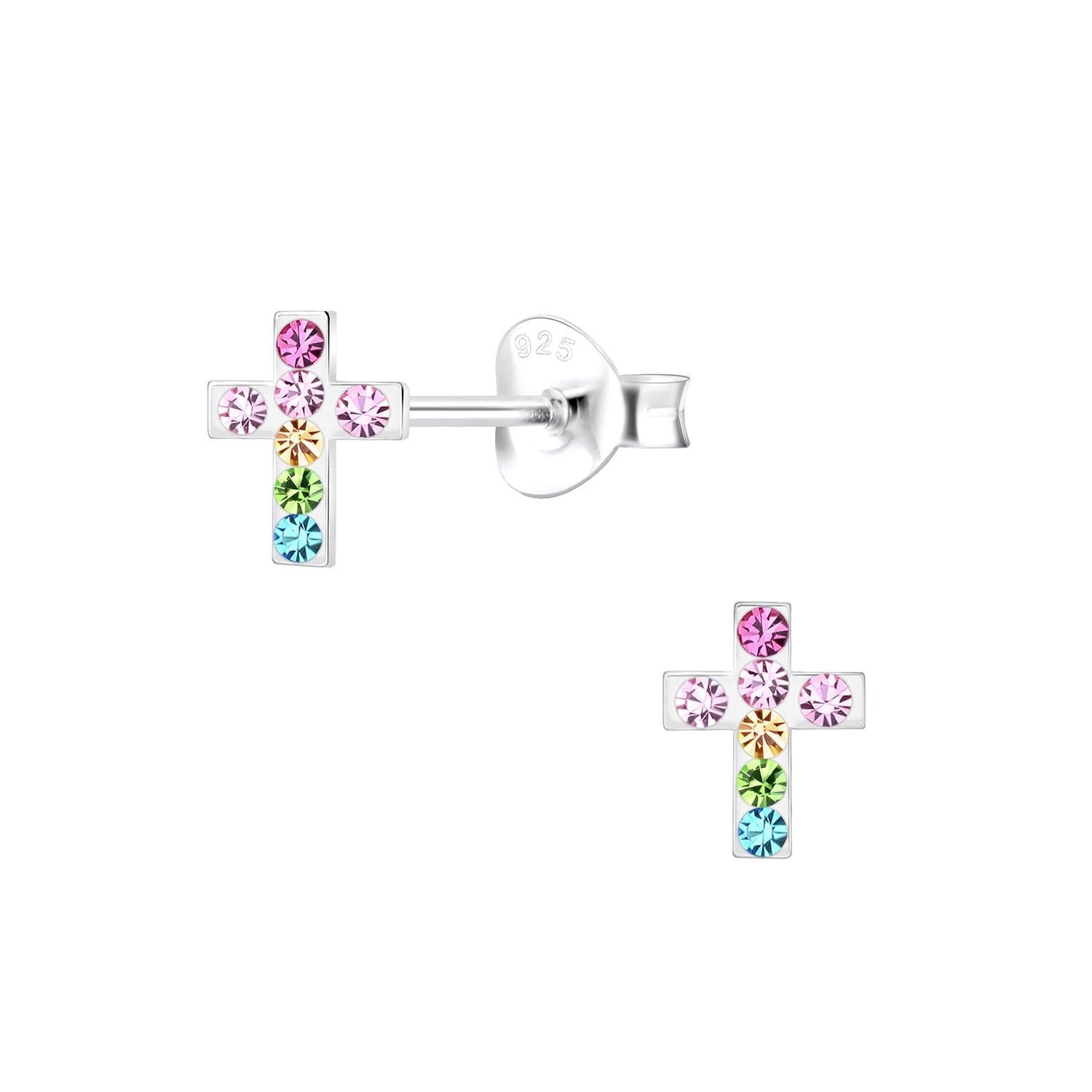 Melchior Jewellery childrens rainbow crystal cross earrings in silver with multicoloured crystals