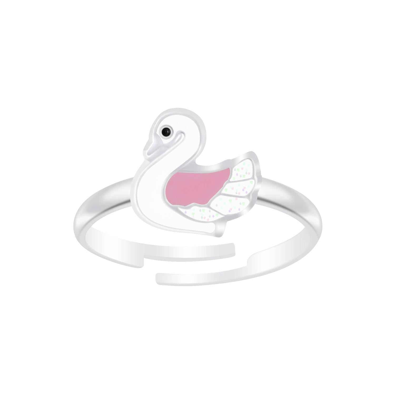 Melchior Jewellery Childrens Sterling Silver Adjustable Swan Ring with pink and white enamel detailing
