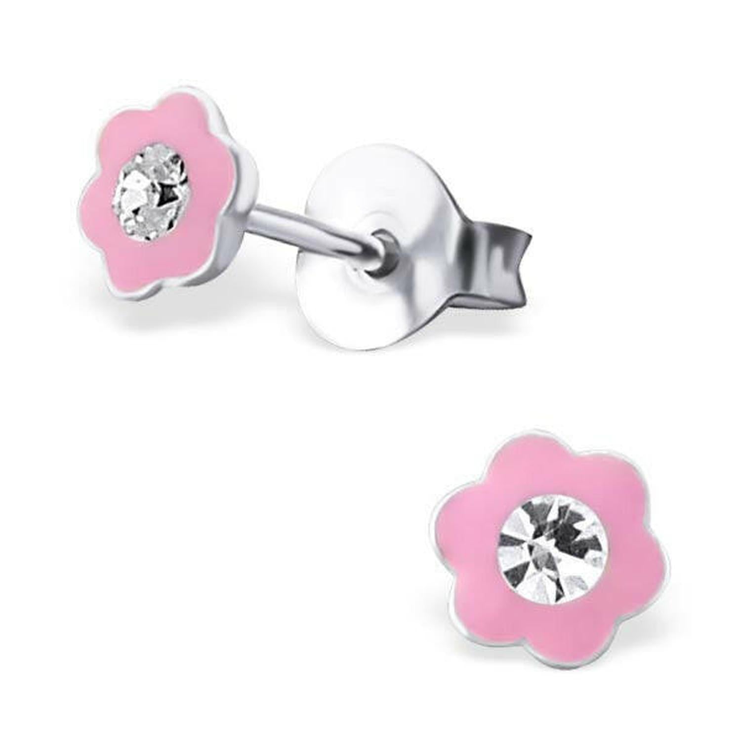 Melchior Jewellery childrens sterling silver flower earrings with pink enamel and central clear gem