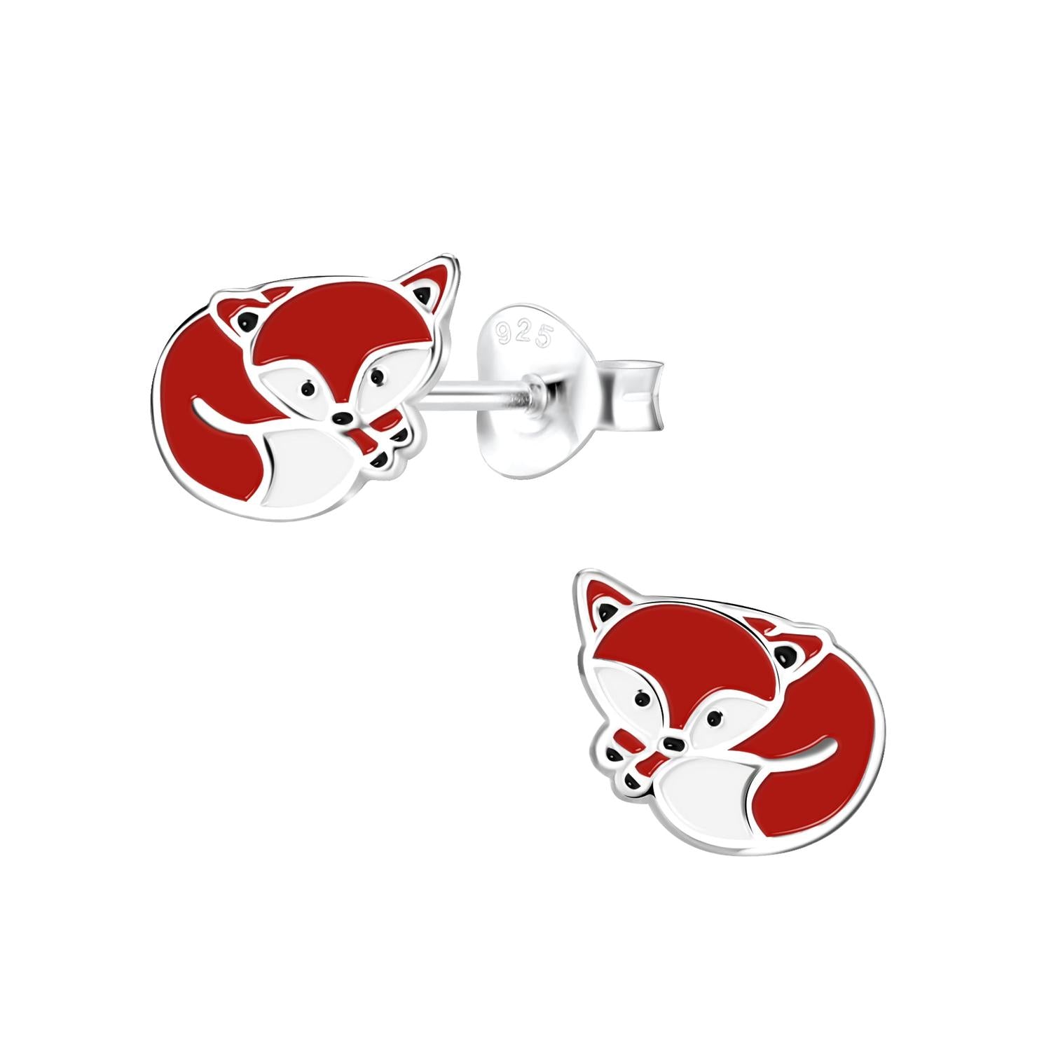 Melchior Jewellery children's sterling silver fox earrings with red and white enamel detailing