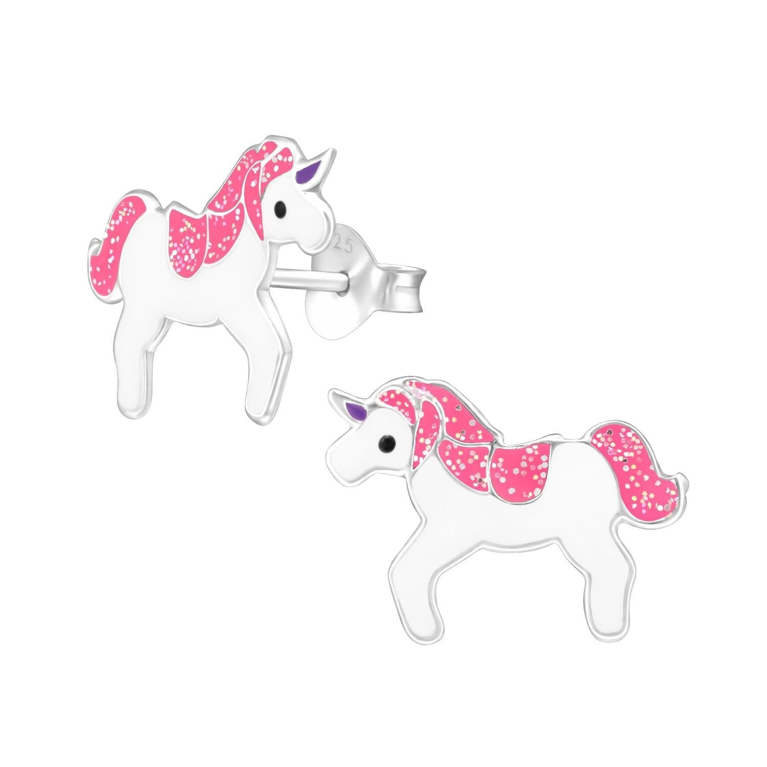 Childrens sterling silver unicorn earrings with pink glitter mane by Melchior Jewellery