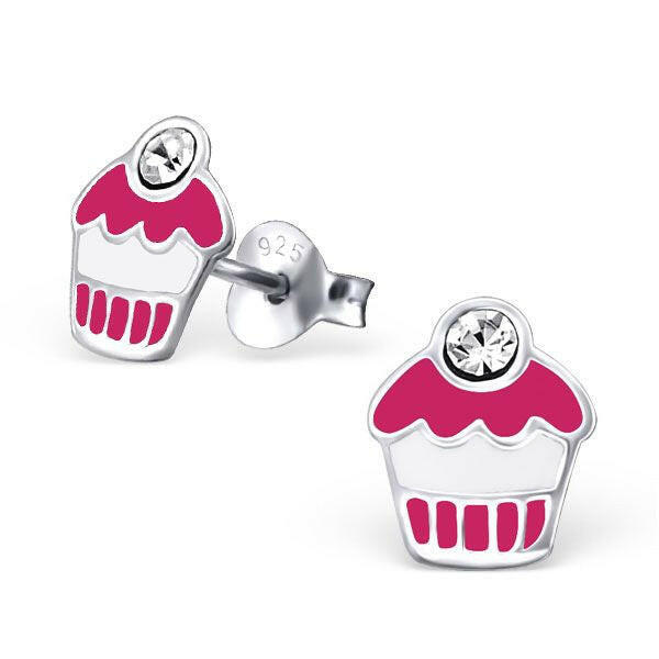 Melchior Jewellery cupcake stud earrings for kids in silver with pink enamel and crystal detail