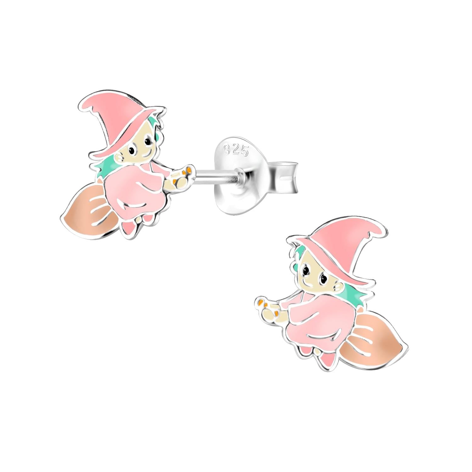 Melchior Jewellery witch stud earrings for girls featuring cute pink witch on broomstick design