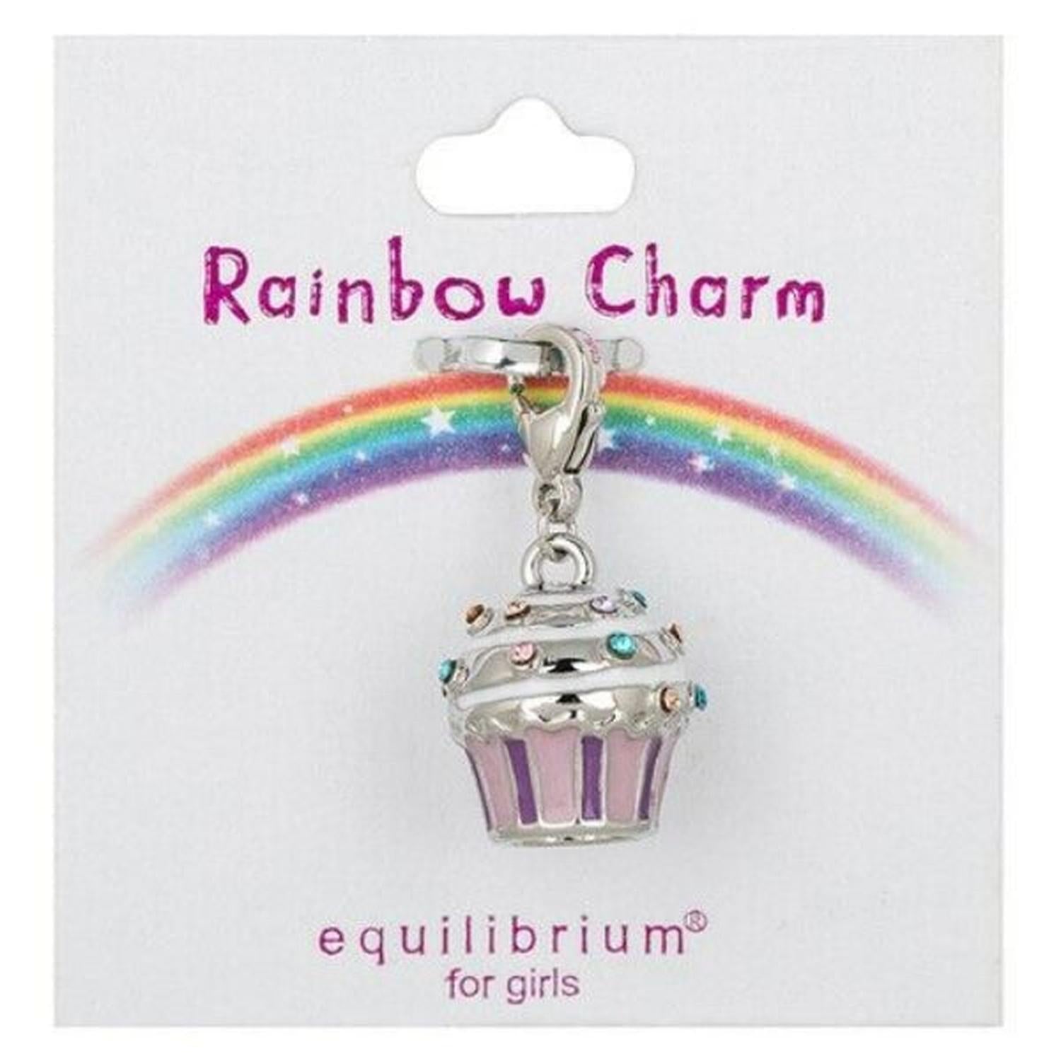 Silver childrens cupcake charm with pink icing and colourful gem sprinkles by Melchior Jewellery