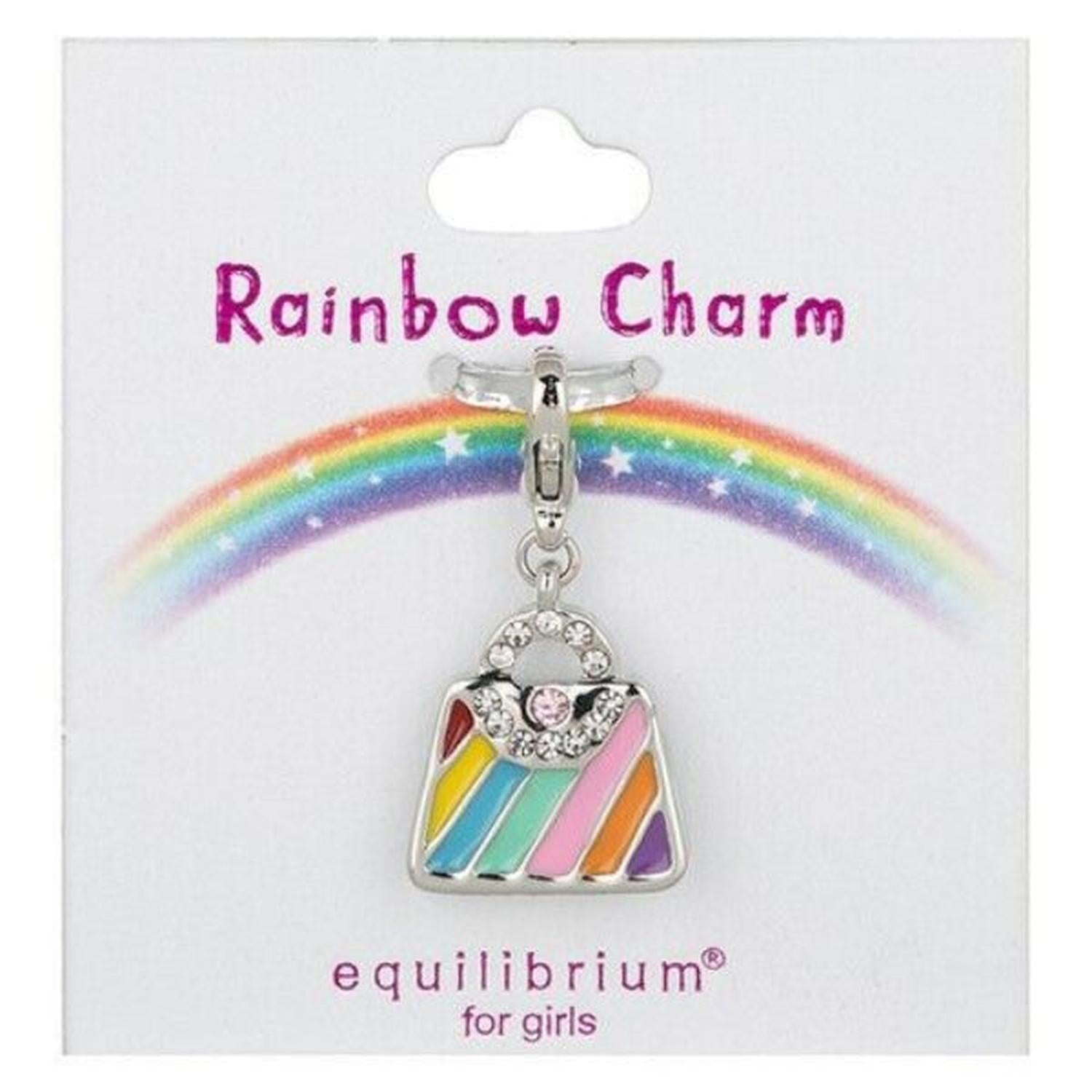 Colourful childrens enamel handbag charm with rainbow stripes in yellow, blue, pink, orange and purple with rhinestone detail