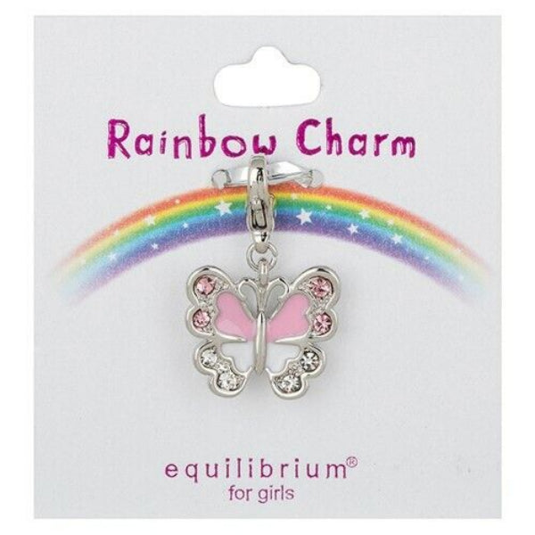 Children's pink butterfly charm with silver detailing and pink crystals on rainbow card