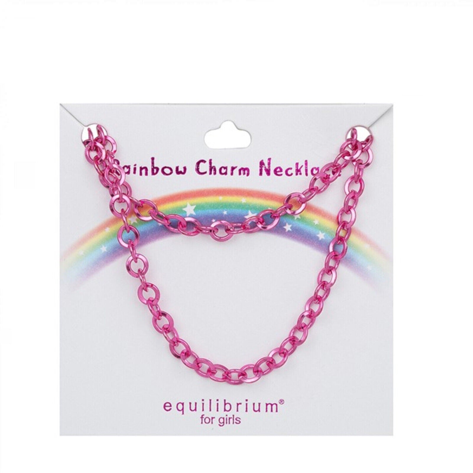 Pink chain necklace for girls from Melchior Jewellery with rainbow charm packaging