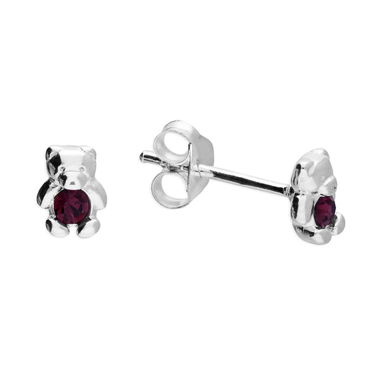 Children's Sterling Silver Teddy Bear February Birthstone Stud Earrings - Melchior Jewellery