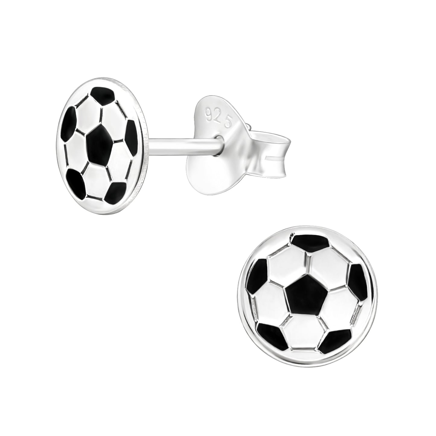 Melchior Jewellery girls football earrings sterling silver stud earrings with black and white football design