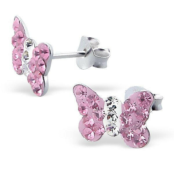Melchior Jewellery girls pink butterfly earrings with silver studs and sparkling pink crystals