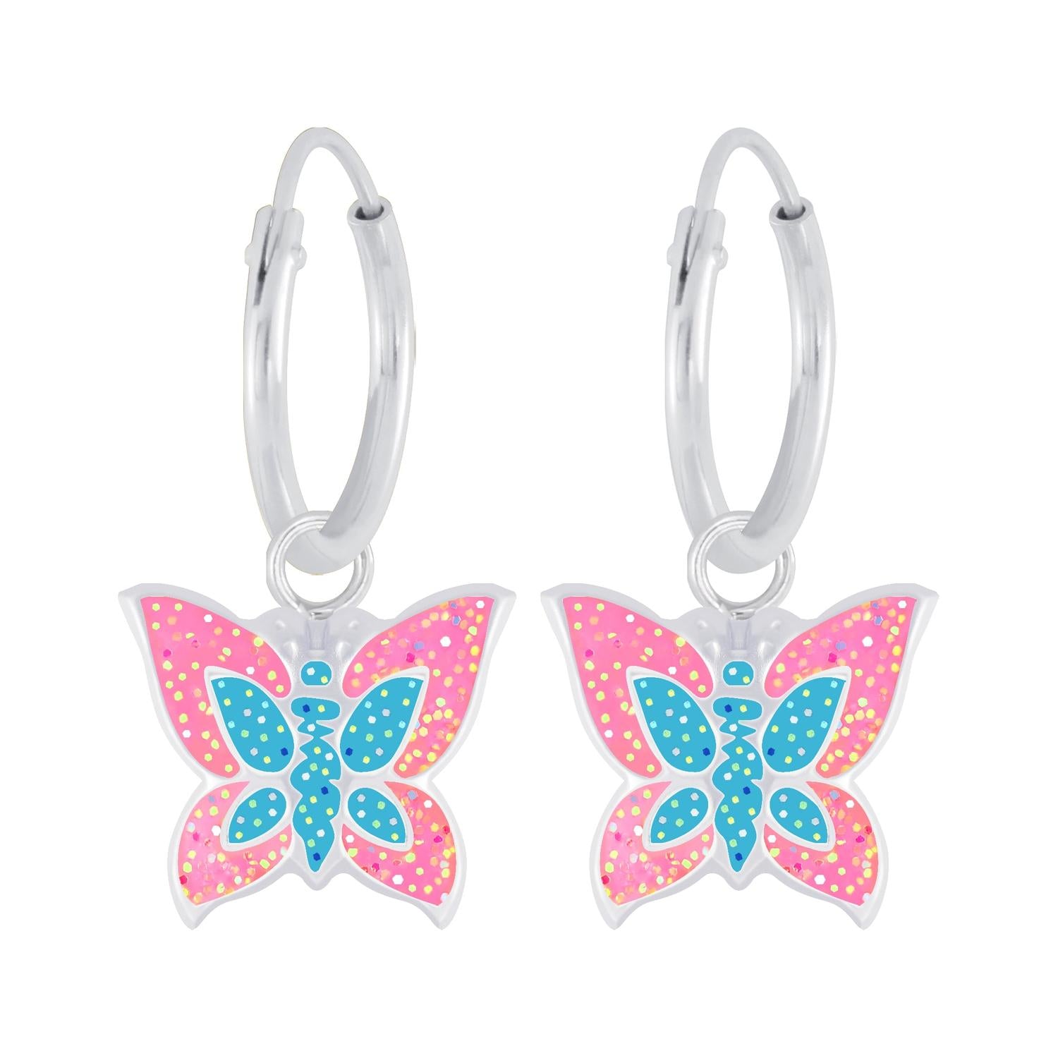 Melchior Jewellery girls silver hoop earrings butterfly design with pink and blue accents