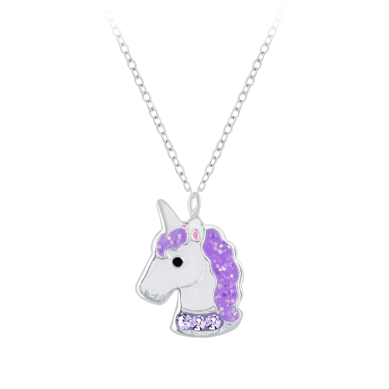 Girls sterling silver unicorn necklace with purple mane and sparkling crystals by Melchior Jewellery