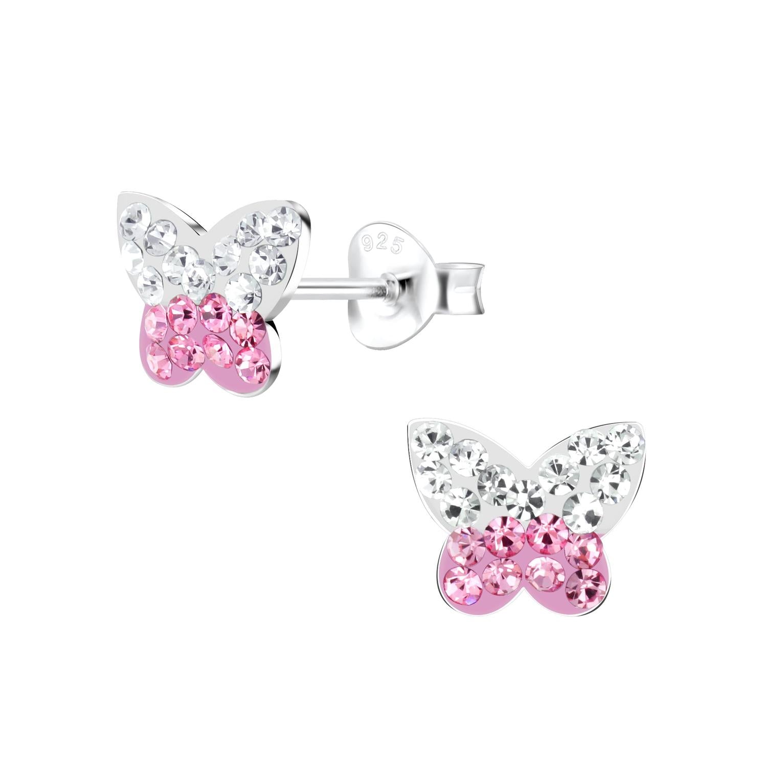 Kids butterfly earrings with crystals in silver and pink by Melchior Jewellery for children