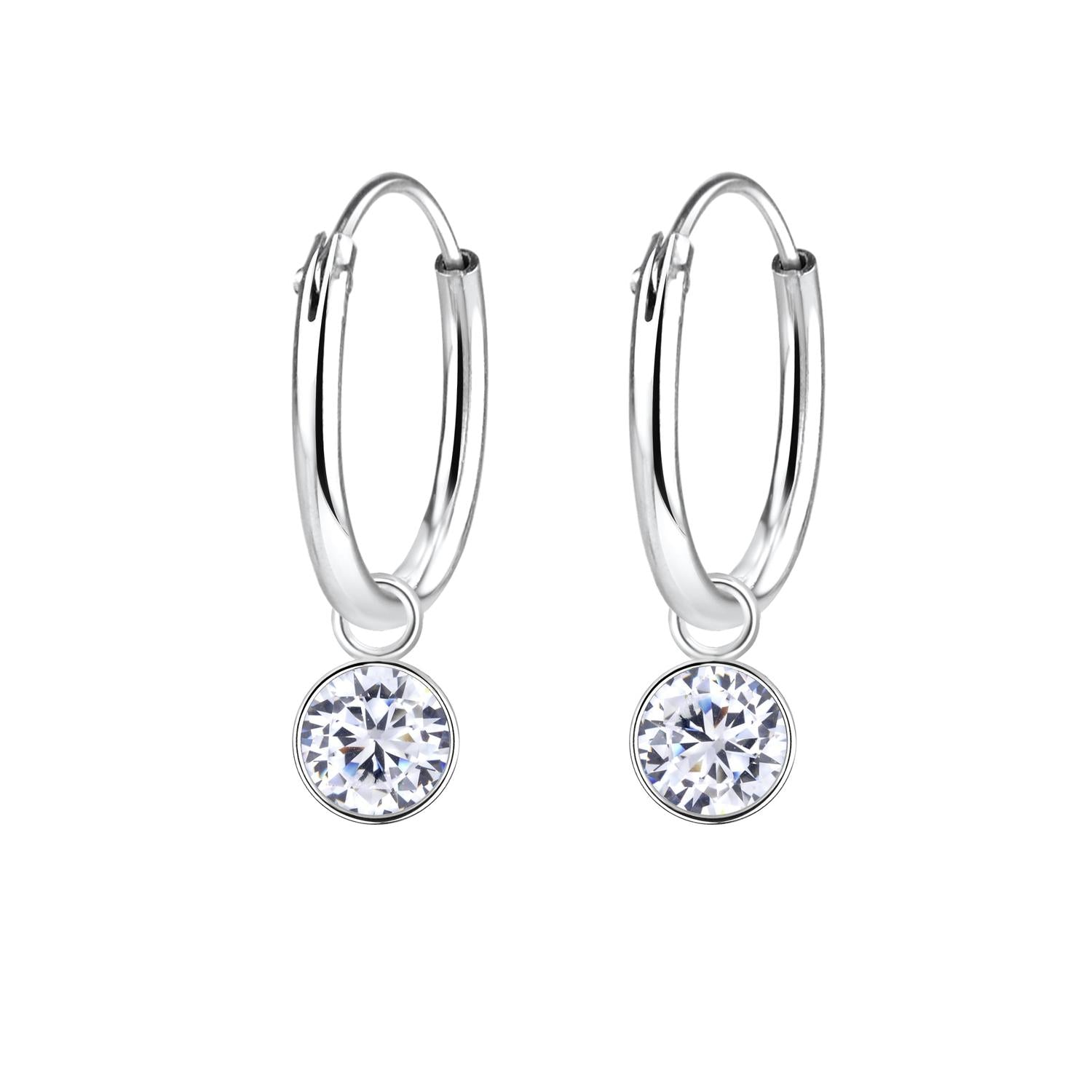 Melchior Jewellery kids CZ charm earrings silver hoops with round clear cubic zirconia charms