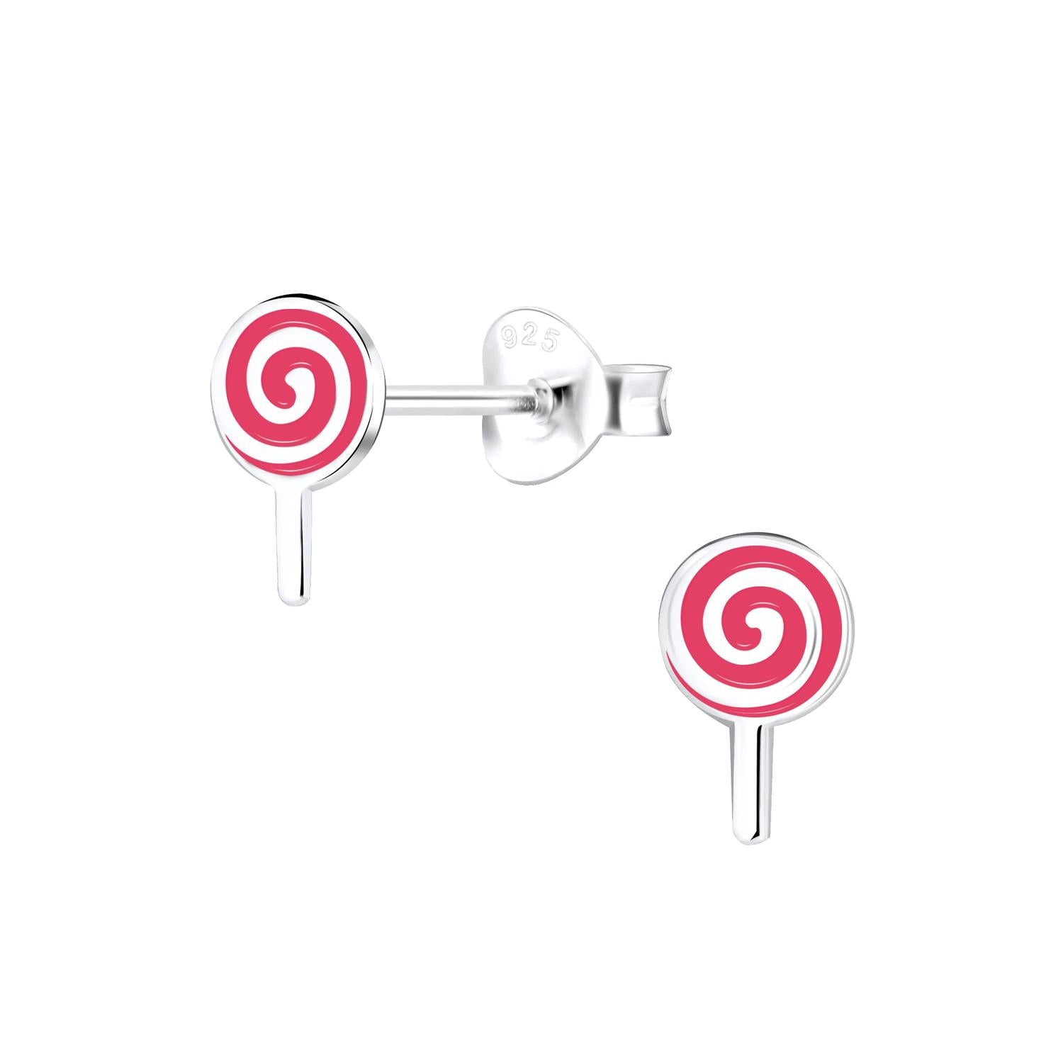 Melchior Jewellery kids lollipop stud earrings in silver with pink swirl design for children