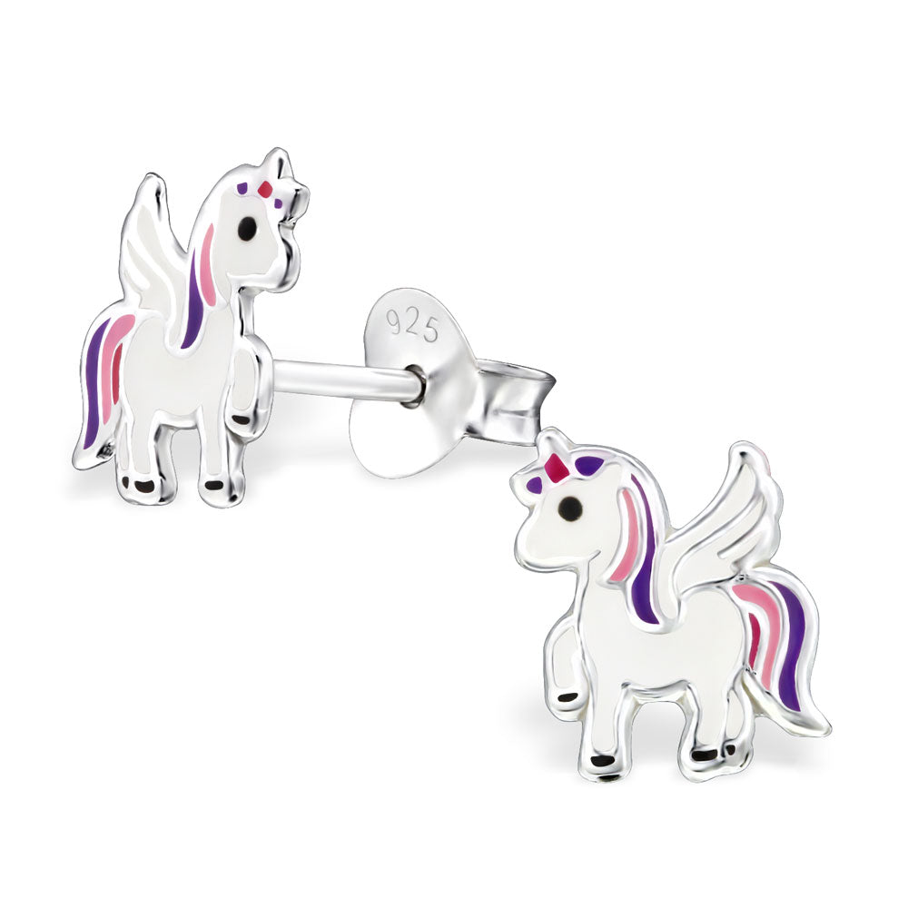 Melchior Jewellery children's sterling silver unicorn earrings white enamel with pink and purple details 925 stud