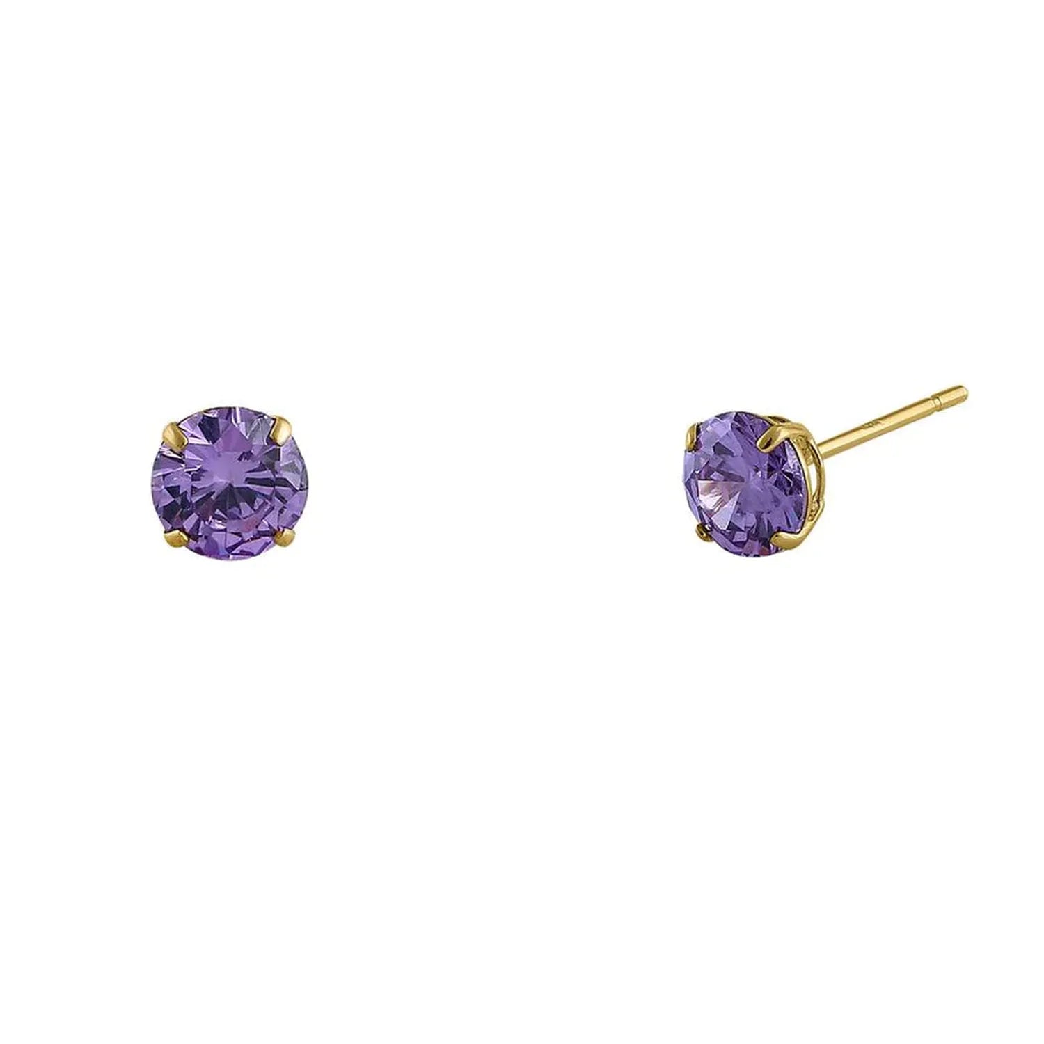 14K yellow gold amethyst CZ earrings with vibrant purple stones in a classic stud setting