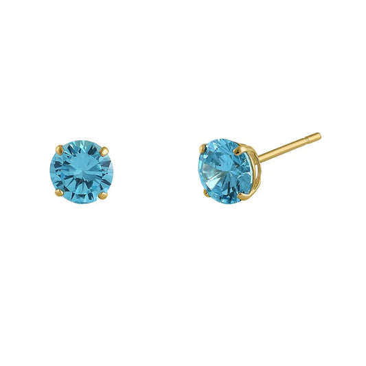 14k yellow gold blue topaz earrings with round-cut blue topaz stones in secure prong settings