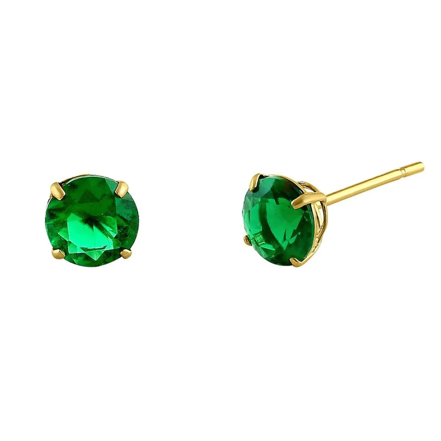 14K yellow gold emerald earrings featuring vibrant green round-cut gemstones in classic stud setting