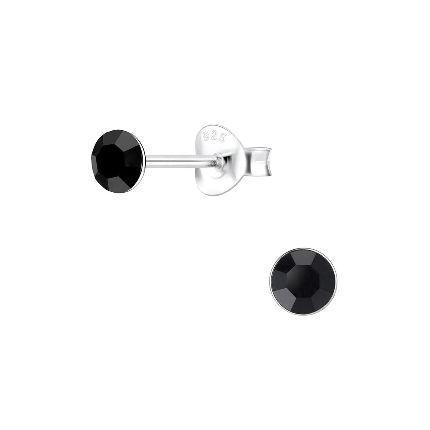 Melchior Jewellery 4mm round cubic zirconia earrings with black stones set in sterling silver studs